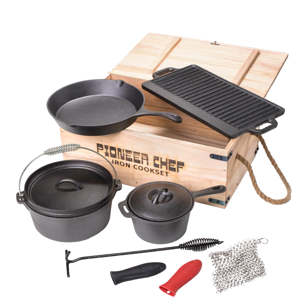 Cast iron cook set featuring skillet, grill pan, Dutch oven, smaller pot, and accessories arranged with wooden storage box, designed for versatile use in camping, kitchen, and outdoor cooking in Farm, Garden & Tool, Cookware, and Best Sellers collections.