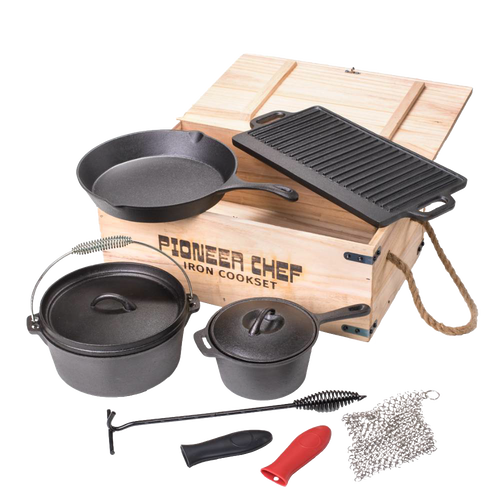Cast iron cook set featuring skillet, grill pan, Dutch oven, smaller pot, and accessories arranged with wooden storage box, designed for versatile use in camping, kitchen, and outdoor cooking in Farm, Garden & Tool, Cookware, and Best Sellers collections.