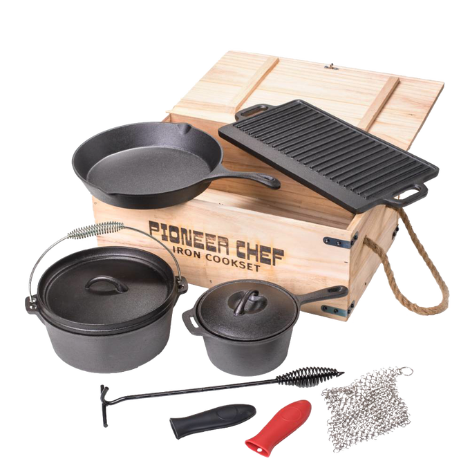 Cast iron cook set featuring skillet, grill pan, Dutch oven, smaller pot, and accessories arranged with wooden storage box, designed for versatile use in camping, kitchen, and outdoor cooking in Farm, Garden & Tool, Cookware, and Best Sellers collections.