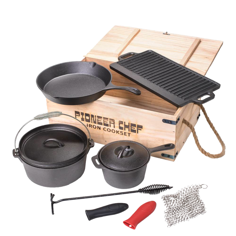 Cast iron cook set featuring skillet, grill pan, Dutch oven, smaller pot, and accessories arranged with wooden storage box, designed for versatile use in camping, kitchen, and outdoor cooking in Farm, Garden & Tool, Cookware, and Best Sellers collections.