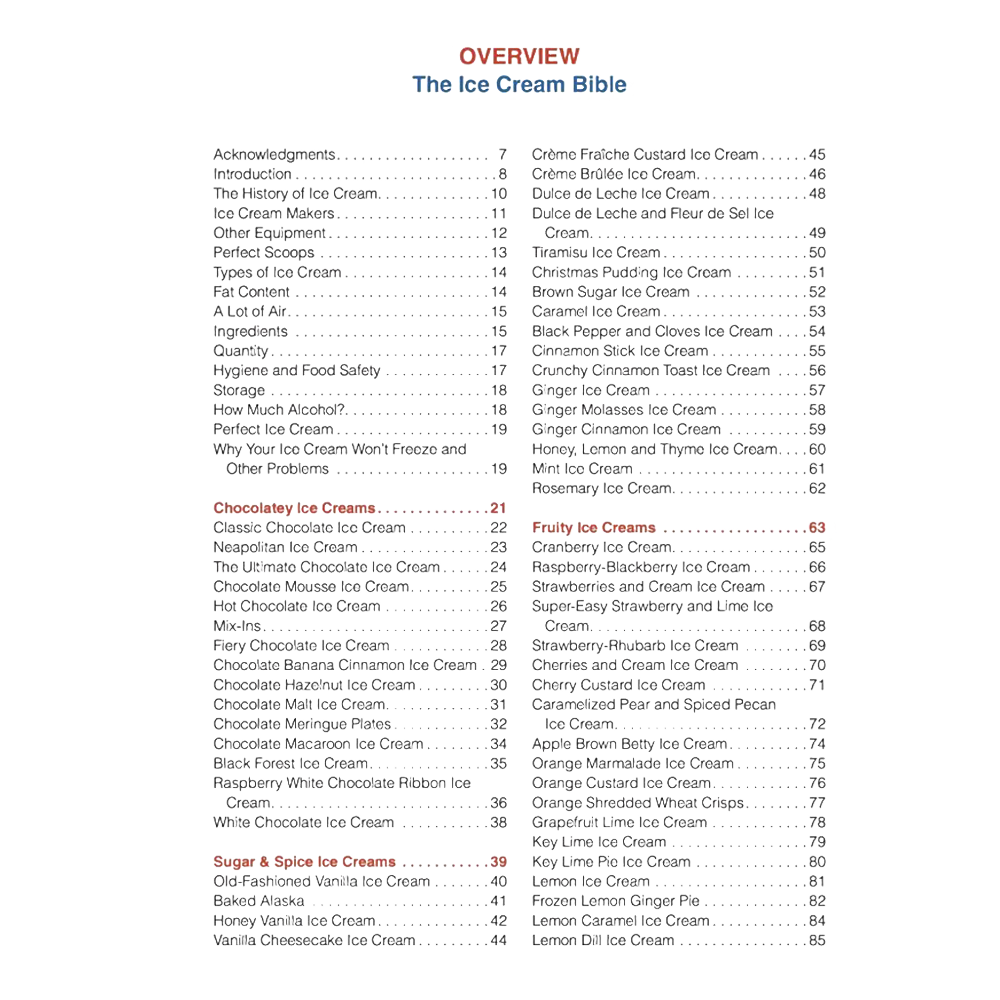 Overview page from The Ice Cream Bible cookbook displaying detailed sections on flavors, ingredients, and recipes, part of kitchen and food, cookbooks, and making ice cream collections.