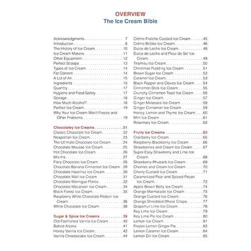 Overview page from The Ice Cream Bible cookbook displaying detailed sections on flavors, ingredients, and recipes, part of kitchen and food, cookbooks, and making ice cream collections.