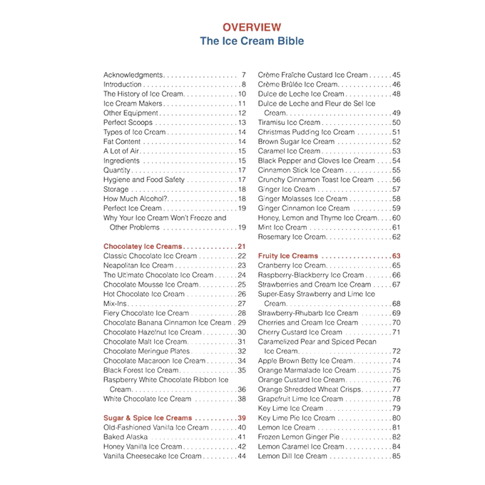 Overview page from The Ice Cream Bible cookbook displaying detailed sections on flavors, ingredients, and recipes, part of kitchen and food, cookbooks, and making ice cream collections.