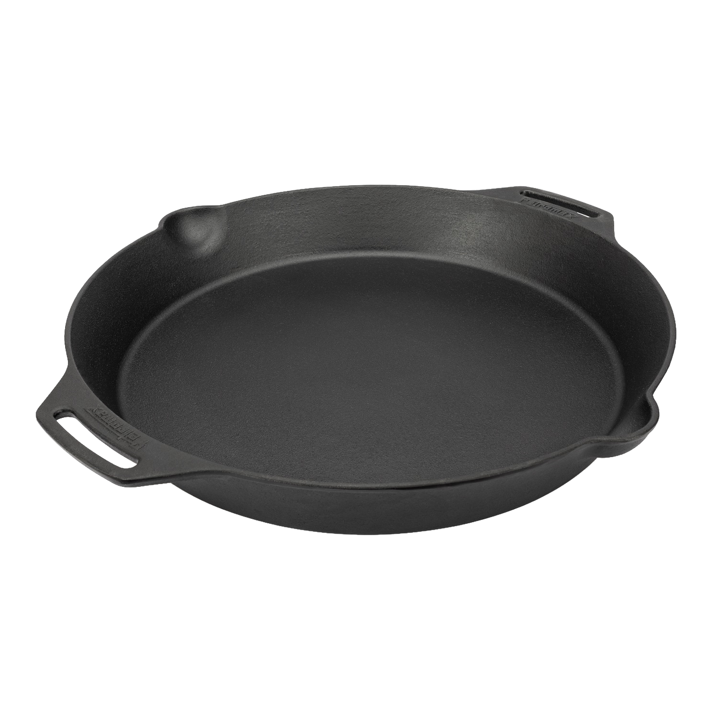 Cast iron skillet with two side handles and pour spouts, designed for durable outdoor and indoor cooking, perfect for Farm, Garden & Tool, Kitchen & Food, Camping, Cookware, and Cast Iron collections.