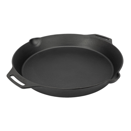 Cast iron skillet with two side handles and pour spouts, designed for durable outdoor and indoor cooking, perfect for Farm, Garden & Tool, Kitchen & Food, Camping, Cookware, and Cast Iron collections.