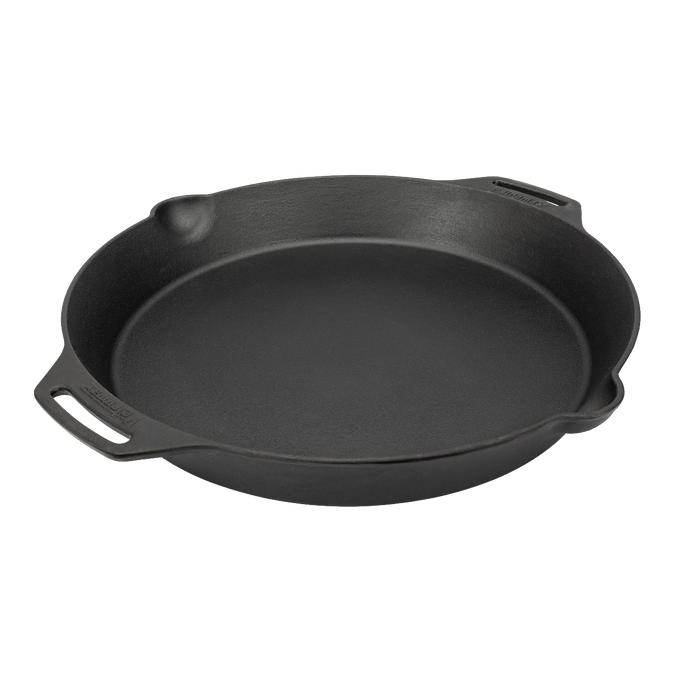 Cast iron skillet with two side handles and pour spouts, designed for durable outdoor and indoor cooking, perfect for Farm, Garden & Tool, Kitchen & Food, Camping, Cookware, and Cast Iron collections.