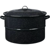 Large black enamelware canner with speckled finish, fitted lid, and handles on both sides, ideal for home water bath canning and food preservation tasks.