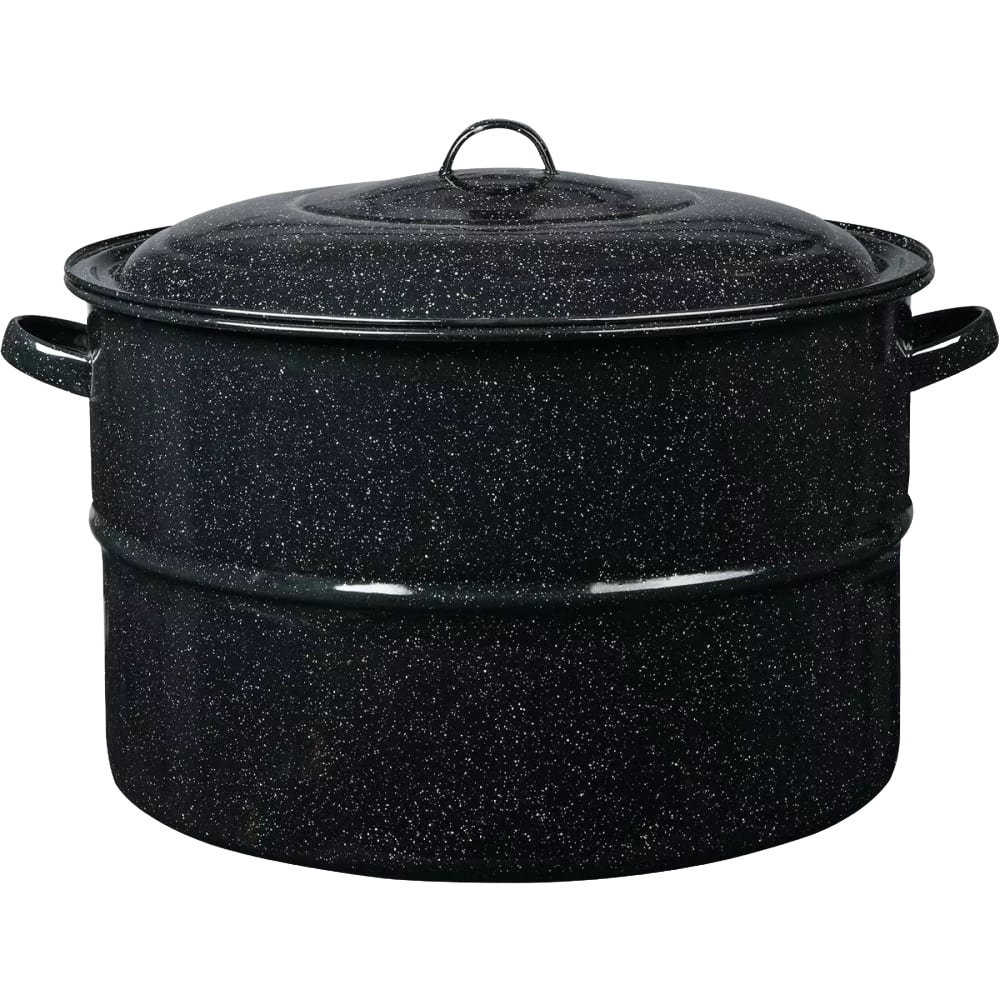Large black enamelware canner with speckled finish, fitted lid, and handles on both sides, ideal for home water bath canning and food preservation tasks.
