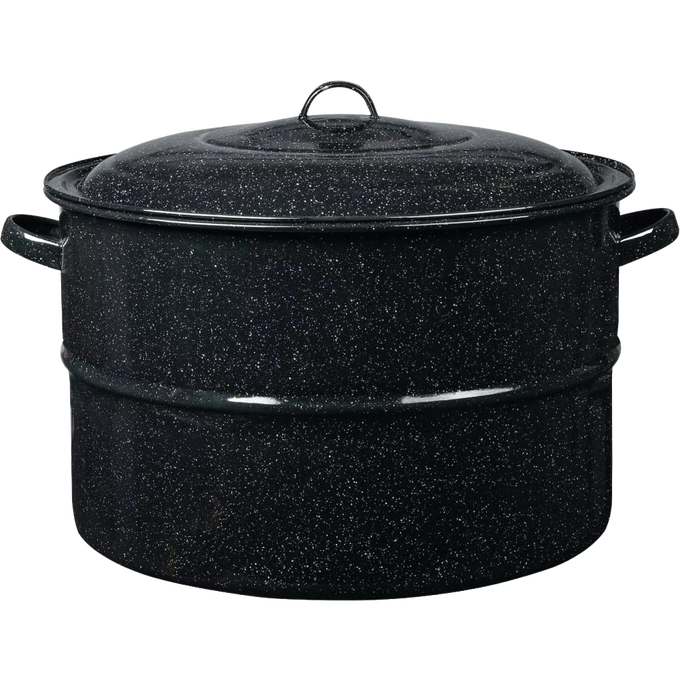 Large black enamelware canner with speckled finish, fitted lid, and handles on both sides, ideal for home water bath canning and food preservation tasks.