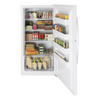 White upright freezer with open door showing organized frozen food inside, handcrafted in USA, Amish made, featured in Appliances, USA Made, Refrigerators and Freezers, and Best Sellers collections.