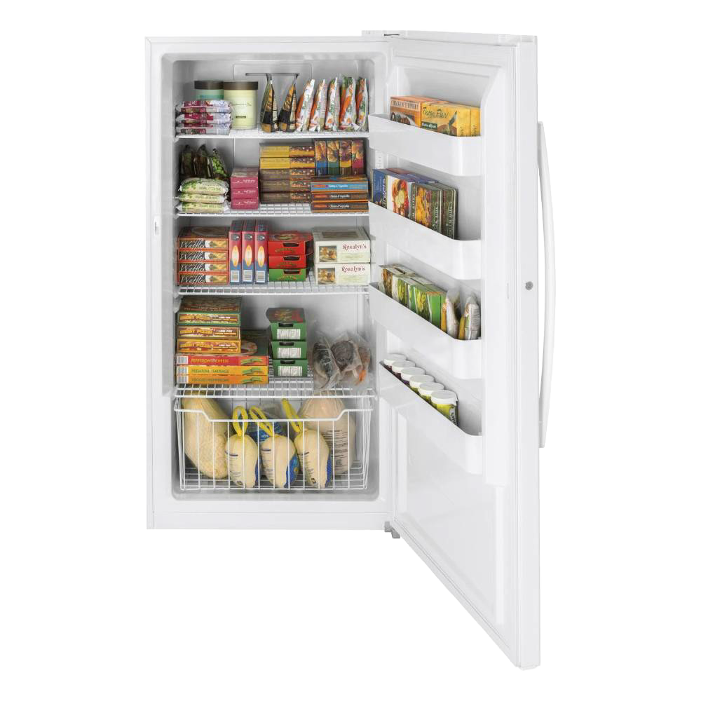 White upright freezer with open door showing organized frozen food inside, handcrafted in USA, Amish made, featured in Appliances, USA Made, Refrigerators and Freezers, and Best Sellers collections.