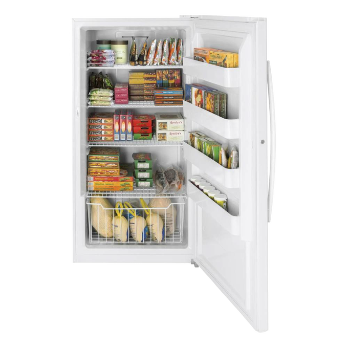 White upright freezer with open door showing organized frozen food inside, handcrafted in USA, Amish made, featured in Appliances, USA Made, Refrigerators and Freezers, and Best Sellers collections.