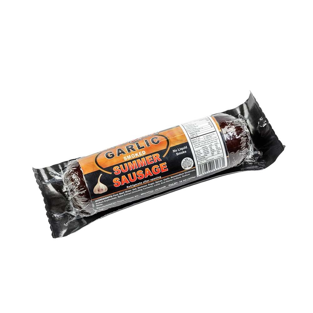 Vacuum-sealed handcrafted summer sausage with garlic and smoky flavor, made in USA, ideal for Kitchen & Food, Snacks and Sweets, Pantry, Meats, USA Made, Best Sellers, and Promo Eligible collections.