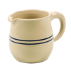 Cream-colored stoneware syrup pitcher with double blue stripes, handcrafted in USA, microwave and dishwasher safe, featured in Kitchen & Food, Dinnerware, and Best Sellers collections.