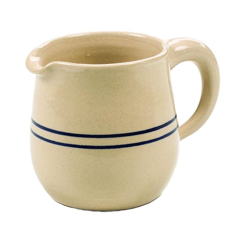 Cream-colored stoneware syrup pitcher with double blue stripes, handcrafted in USA, microwave and dishwasher safe, featured in Kitchen & Food, Dinnerware, and Best Sellers collections.