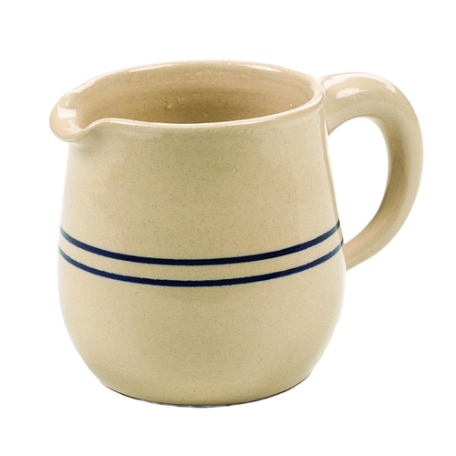Cream-colored stoneware syrup pitcher with double blue stripes, handcrafted in USA, microwave and dishwasher safe, featured in Kitchen & Food, Dinnerware, and Best Sellers collections.