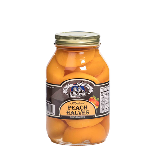 Glass jar of handcrafted old-fashioned peach halves packed in natural syrup, made in USA, ideal for Kitchen & Food, Food, Pantry, USA Made, Best Sellers, Promo Eligible collections.