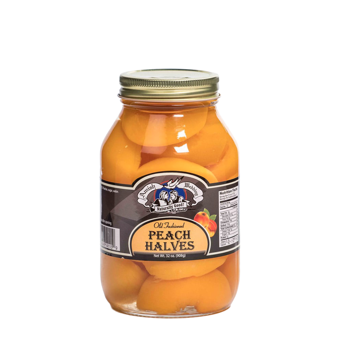 Glass jar of handcrafted old-fashioned peach halves packed in natural syrup, made in USA, ideal for Kitchen & Food, Food, Pantry, USA Made, Best Sellers, Promo Eligible collections.