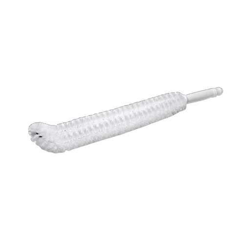 Flexible white bristle brush with a spirally wound design and white handle, crafted in the USA for effective cleaning of lower lint dryer traps in household cleaning and home decor.