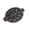 Oval pre-seasoned cast iron pan with twelve molded indentations for grilling oysters or baking small dishes, ideal for Kitchen & Food and Cast Iron cookware collections.