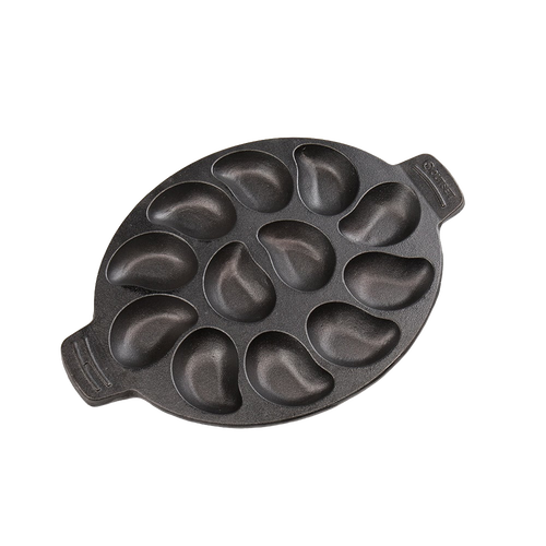 Oval pre-seasoned cast iron pan with twelve molded indentations for grilling oysters or baking small dishes, ideal for Kitchen & Food and Cast Iron cookware collections.