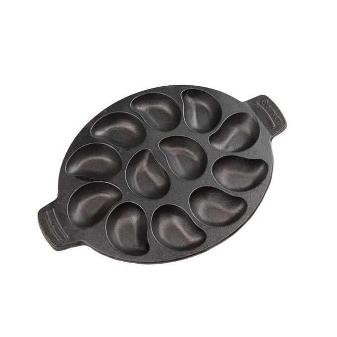 Oval pre-seasoned cast iron pan with twelve molded indentations for grilling oysters or baking small dishes, ideal for Kitchen & Food and Cast Iron cookware collections.