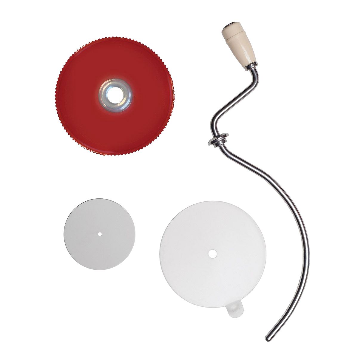 Handcrafted old fashioned peanut butter stirrer parts including red lid, metal crank with molded plastic knob, and two white discs, made in USA, for Kitchen & Food and Food Prep collections.