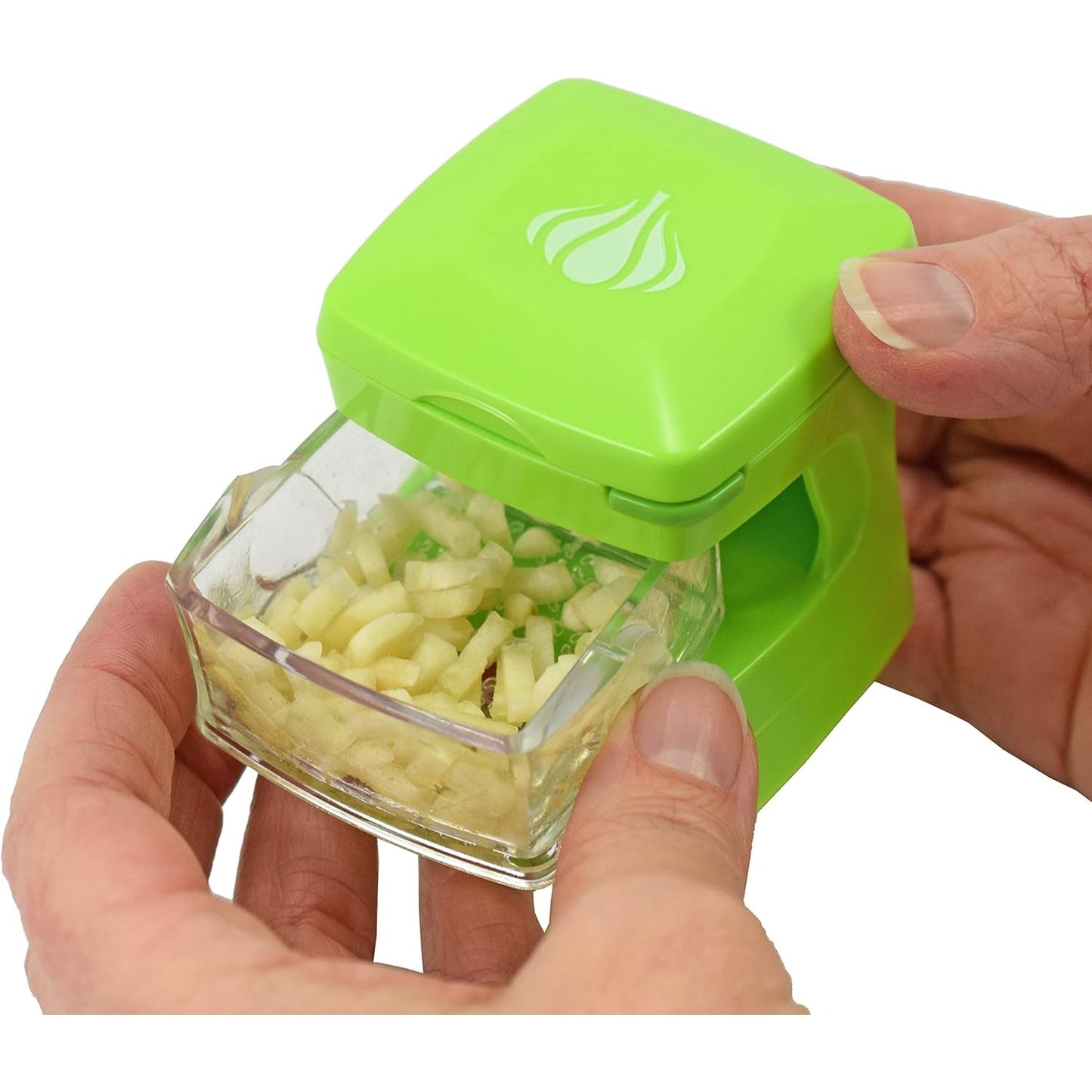 Compact green garlic prep tool with clear container holding minced garlic, designed for easy peeling, slicing, grating, and storage, ideal for Kitchen & Food and Food Prep collections.