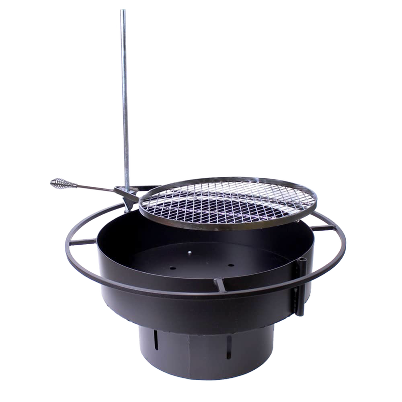 Handcrafted Amish-made steel fire pit with circular outer ring and swinging grill attachment, designed for outdoor cooking and patio use in Farm, Garden & Tool and Grilling collections.