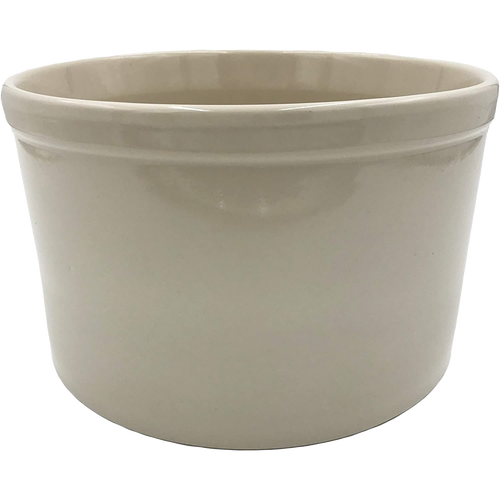 Cream-colored stoneware crock with smooth finish and rounded rim, handcrafted in the USA, ideal for kitchen storage, food preservation, and fermenting, featured in Best Sellers collection.
