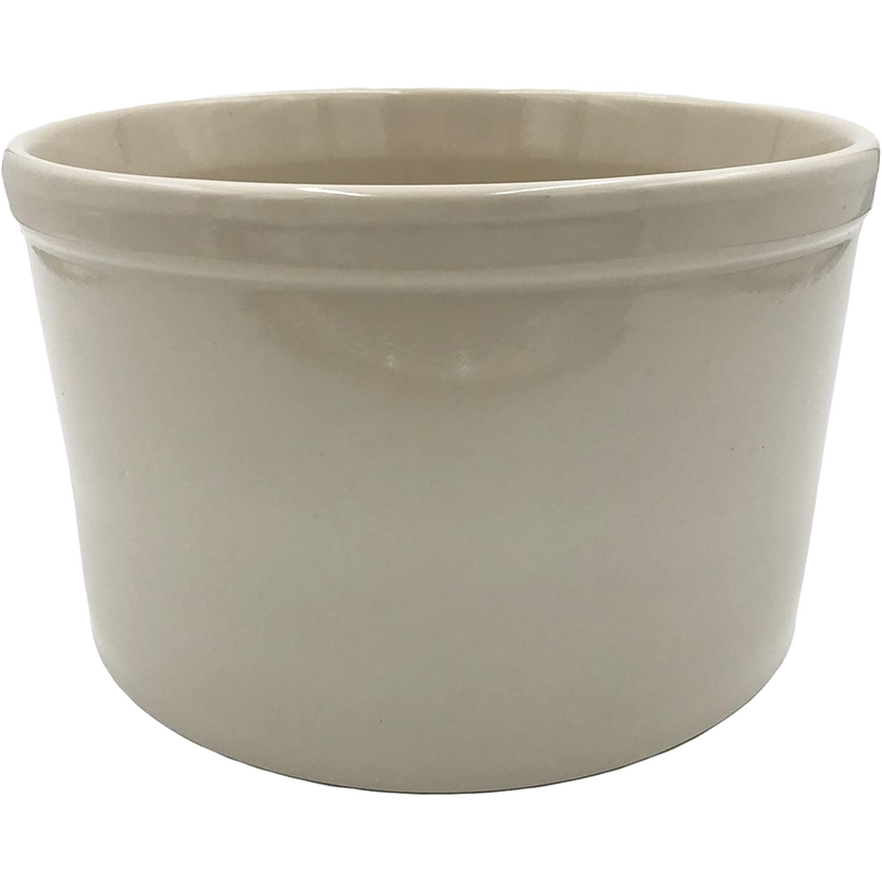 Cream-colored stoneware crock with smooth finish and rounded rim, handcrafted in the USA, ideal for kitchen storage, food preservation, and fermenting, featured in Best Sellers collection.