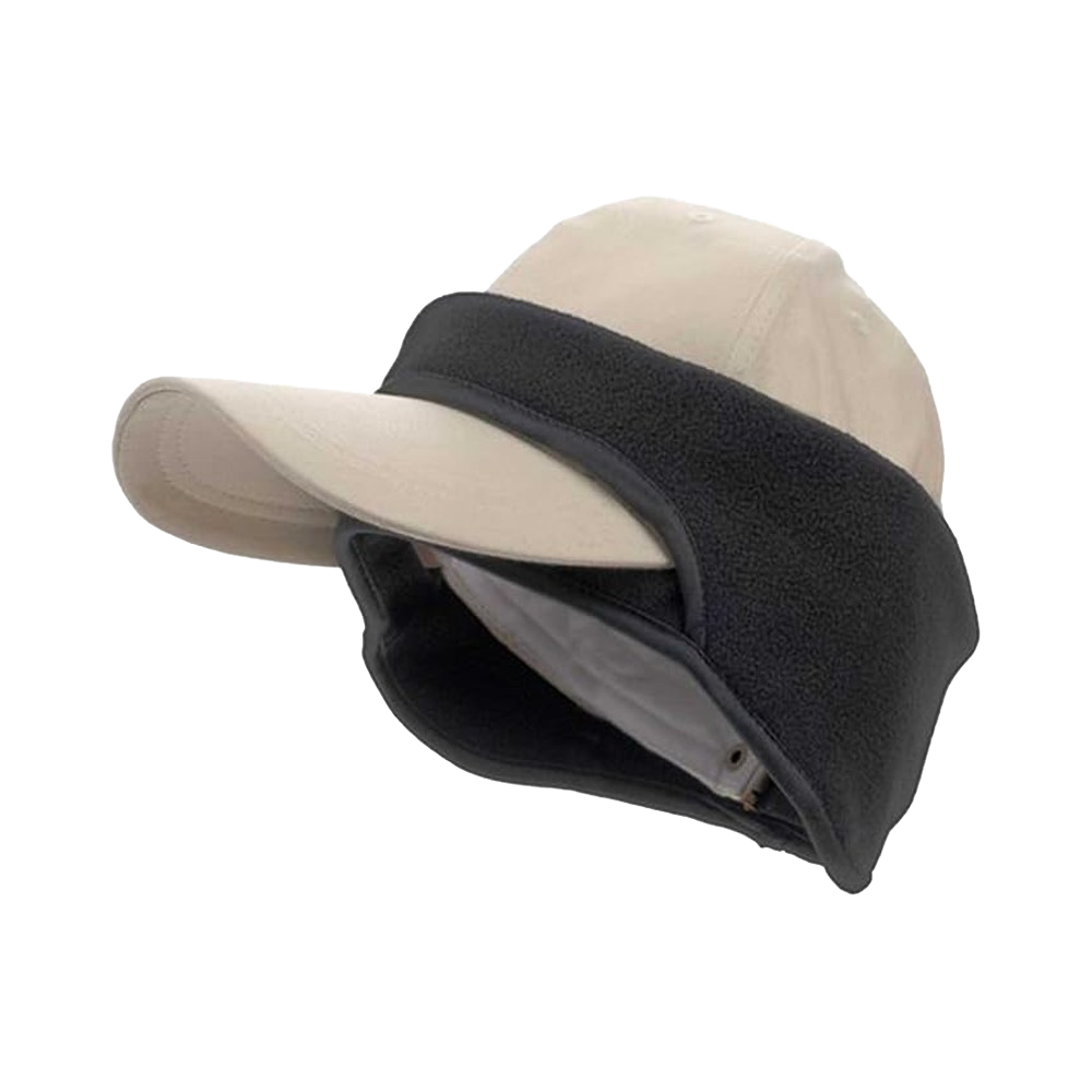 Black polyester fleece ear band designed to slip around a baseball cap bill, providing warmth for the forehead and ears, featured in Health & Wellness and Clothing collections.
