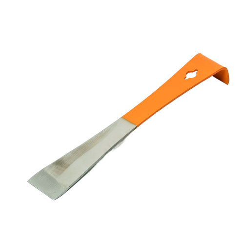 Orange-handled beekeeping tool with angled metal scraper and nail-pulling hole, designed for hive frame prying and wax removal, featured in Farm, Garden & Tool and Beekeeping Supplies collections.