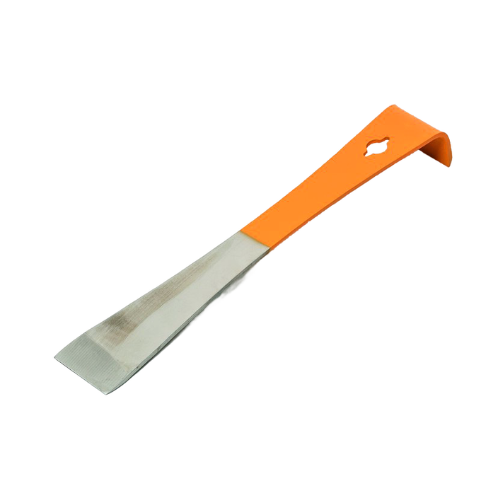 Orange-handled beekeeping tool with angled metal scraper and nail-pulling hole, designed for hive frame prying and wax removal, featured in Farm, Garden & Tool and Beekeeping Supplies collections.