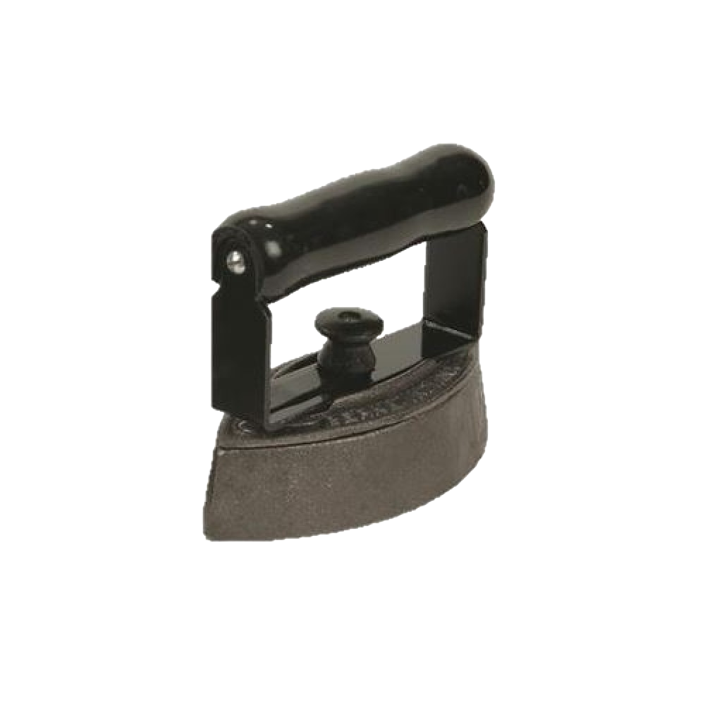Handcrafted cast iron sad iron with smooth black wooden handle, made in USA, ideal for traditional ironing in Home & Decor, Laundry Supplies, and Irons collections.