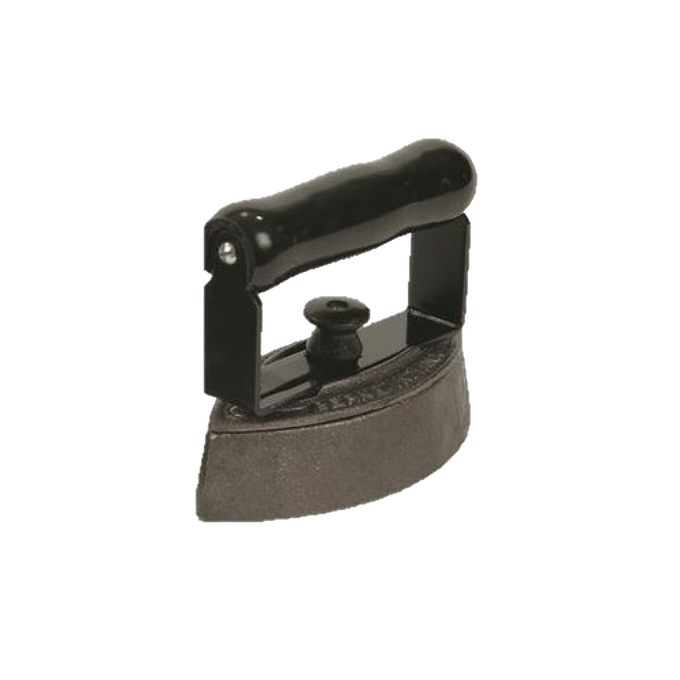 Handcrafted cast iron sad iron with smooth black wooden handle, made in USA, ideal for traditional ironing in Home & Decor, Laundry Supplies, and Irons collections.