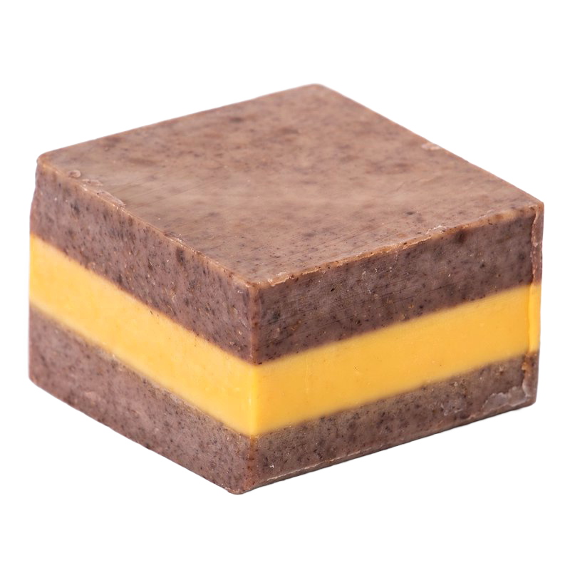 Handmade hypoallergenic bar soap with a layered brown and yellow design, crafted in USA, ideal for Health & Wellness, Grooming, and Soaps collections.