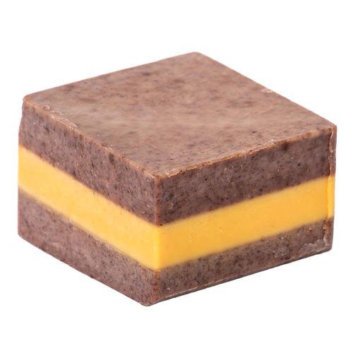 Handmade hypoallergenic bar soap with a layered brown and yellow design, crafted in USA, ideal for Health & Wellness, Grooming, and Soaps collections.
