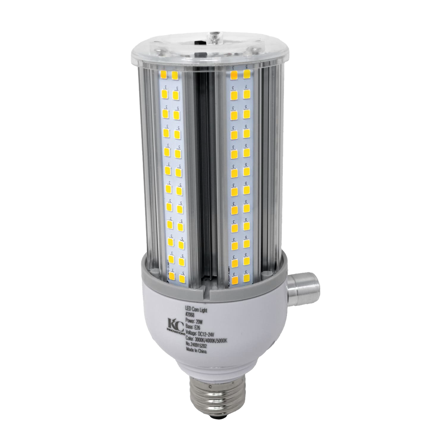 Dimmable 20-watt LED corn light bulb with clear casing and visible LED chips on a white base, designed for energy-efficient bright lighting in Lamps & Lighting and LED collections.