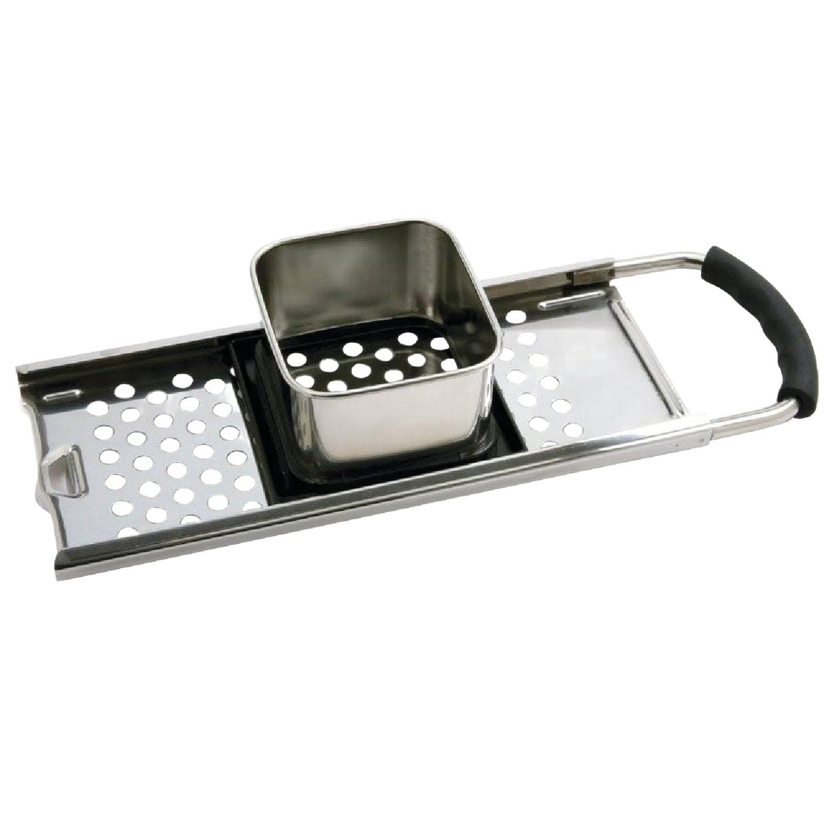 Handcrafted stainless steel spaetzle maker with sliding square hopper and black rubber grip handle, designed for easy dough grating, ideal for Kitchen & Food, Cookware, Baking Supplies, Kitchen Gadgets, Cooking and Baking Helpers, Best Sellers, and Promo Eligible collections.