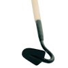 Close-up of a precision cultivating garden tool with a black metal head and light wooden handle, designed for efficient hand weeding and soil care in farm and garden use.