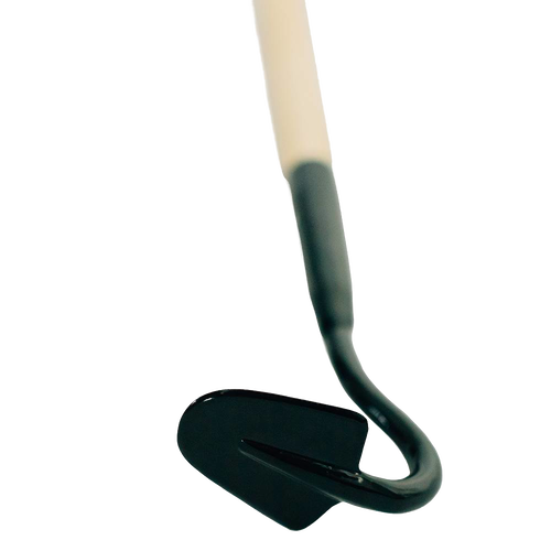 Close-up of a precision cultivating garden tool with a black metal head and light wooden handle, designed for efficient hand weeding and soil care in farm and garden use.