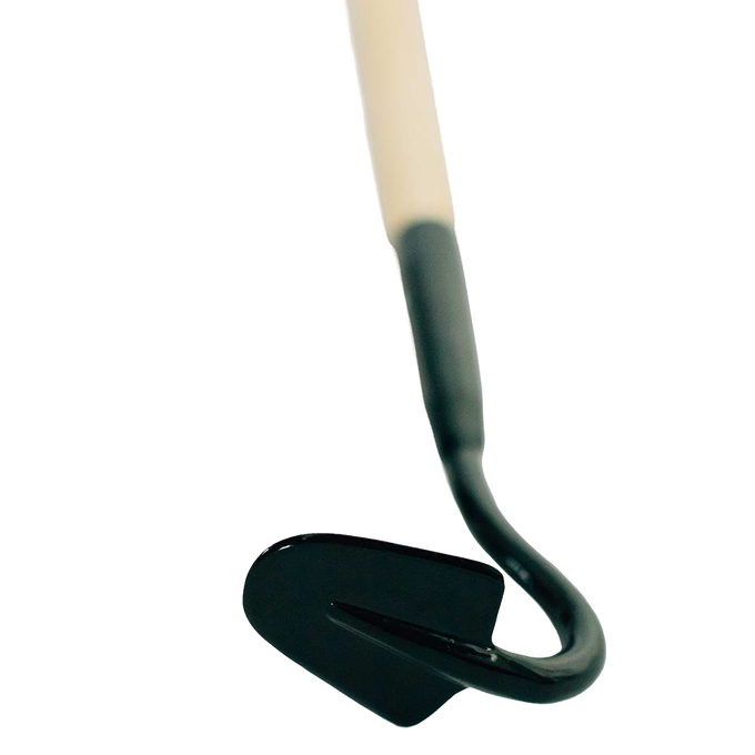 Close-up of a precision cultivating garden tool with a black metal head and light wooden handle, designed for efficient hand weeding and soil care in farm and garden use.