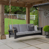 Handcrafted Mission Sofa 7 ft rope swing with thick gray cushions hanging under a wooden porch, set in a green backyard, featured in Home & Decor, Outdoor Furniture, USA Made, Amish Made collections.