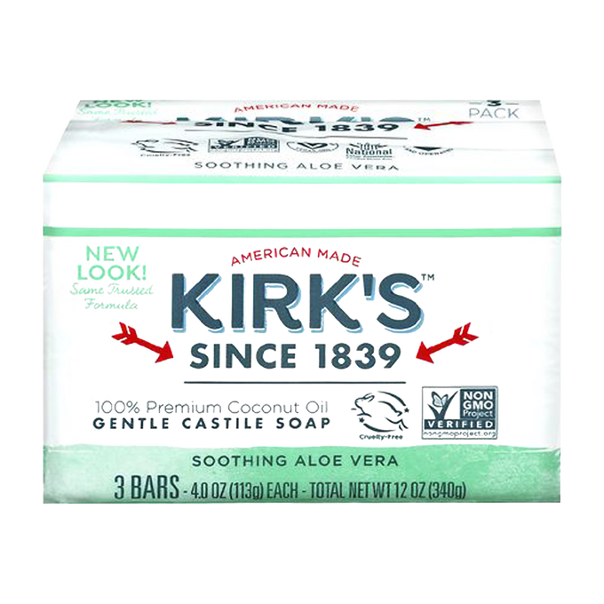 Pack of three handcrafted American made castile soap bars infused with soothing Aloe Vera, featuring a gentle formula ideal for Health & Wellness, Grooming, and Soaps collections.