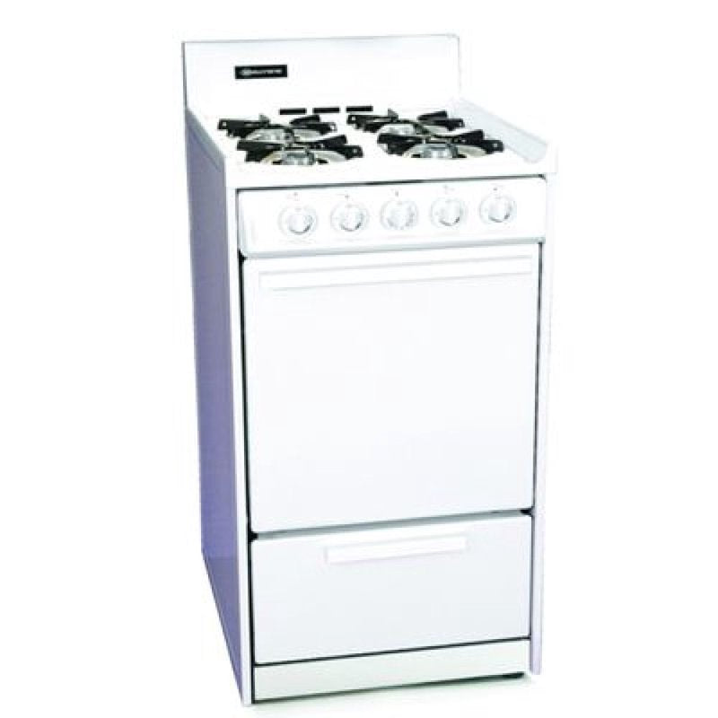 Compact white gas range with four burners and control knobs, handcrafted in the USA, featured in Stoves, USA Made, Cookstoves, and Best Sellers collections.