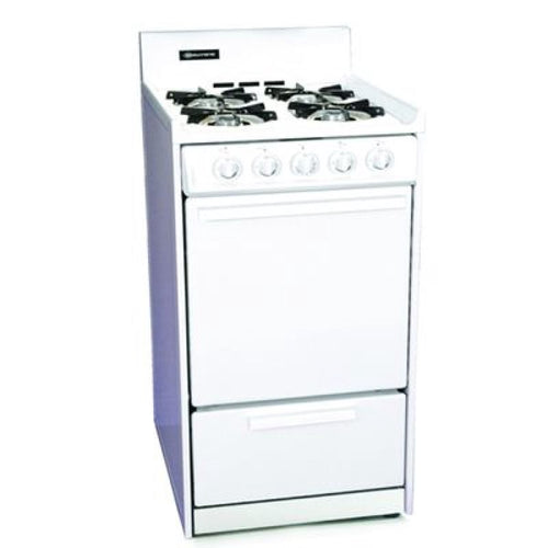 Compact white gas range with four burners and control knobs, handcrafted in the USA, featured in Stoves, USA Made, Cookstoves, and Best Sellers collections.