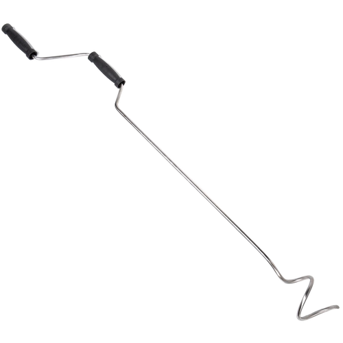 Handcrafted stainless steel compost mixing crank with dual black handles, designed for easy aeration and moisture control in garden and composting tasks, made in USA.