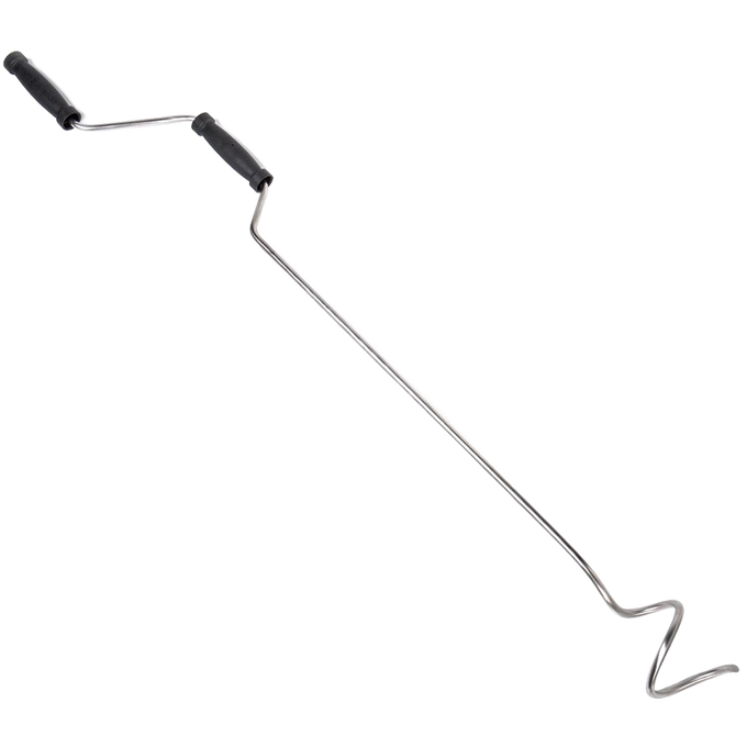 Handcrafted stainless steel compost mixing crank with dual black handles, designed for easy aeration and moisture control in garden and composting tasks, made in USA.