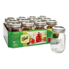 Case of clear regular-mouth canning jars with metal lids, featuring classic embossed logo and packaging highlighting use for food preservation, Kitchen & Food, and USA Made collections.